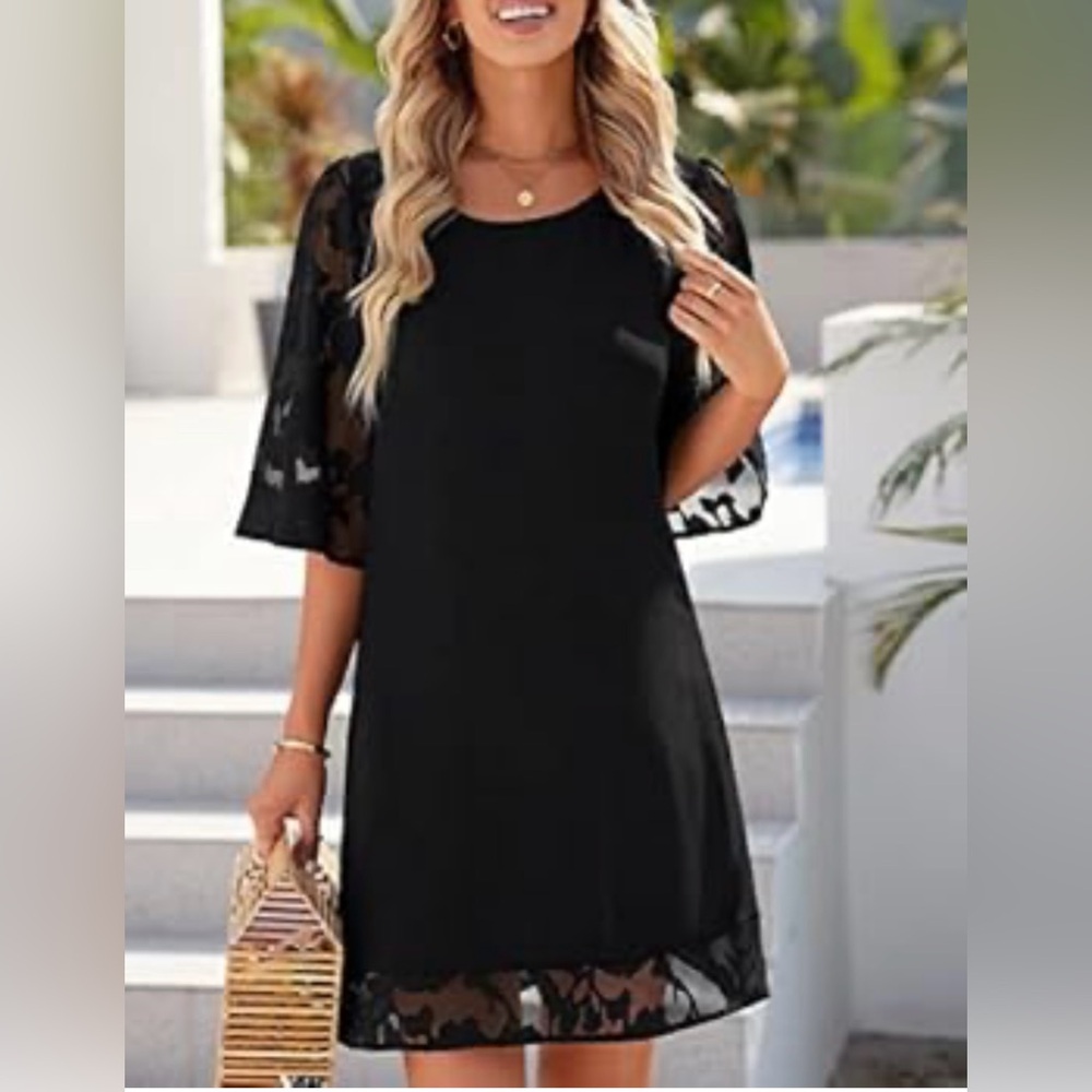 Elegant Black 3/4 Lace Floral Sleeve Cute Tunic Pull On Dress SzL Minimalist